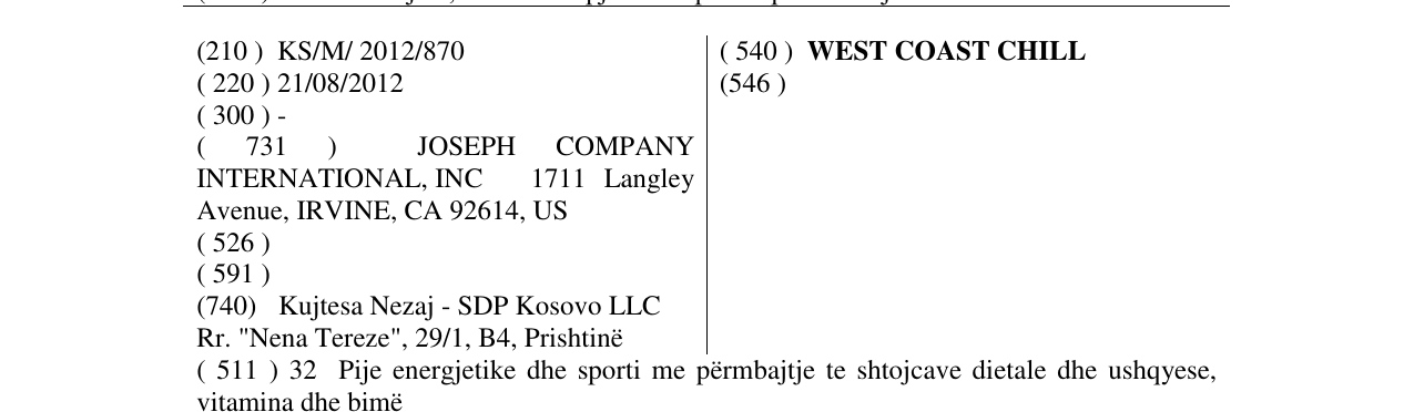 Zëri i markës WEST COAST CHILL në buletin