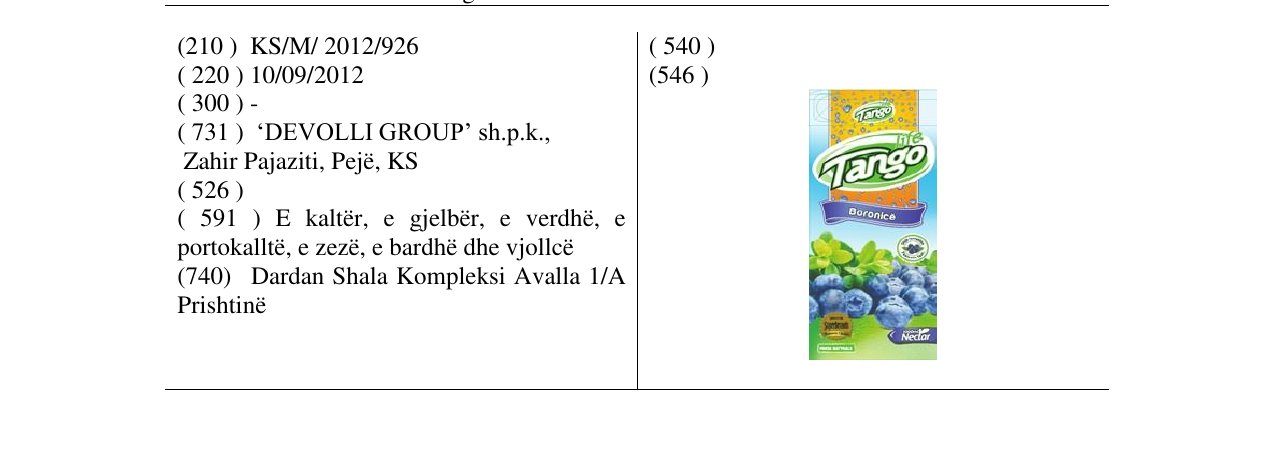 Zëri i markës Tango Boronicë në buletin