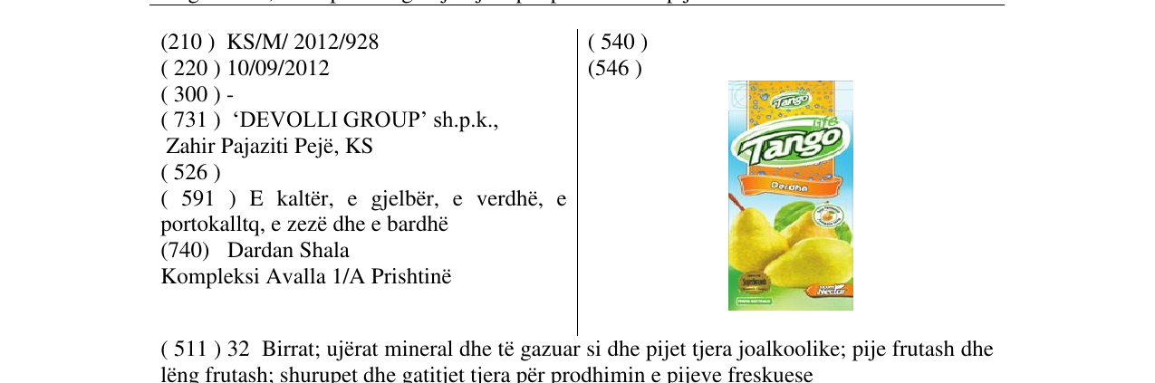 Zëri i markës Tango Dardhë në buletin
