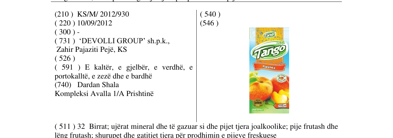 Zëri i markës Tango Pjeshkë në buletin
