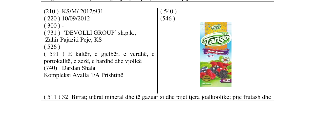 Zëri i markës Tango Multivitaminë në buletin