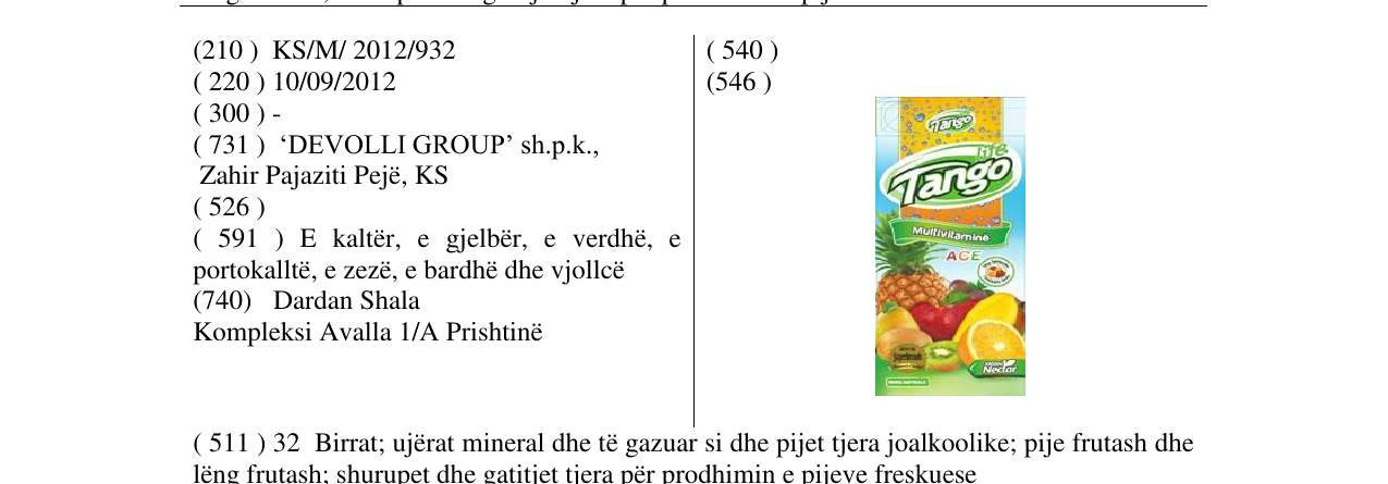 Zëri i markës Tango Multivitaminë në buletin