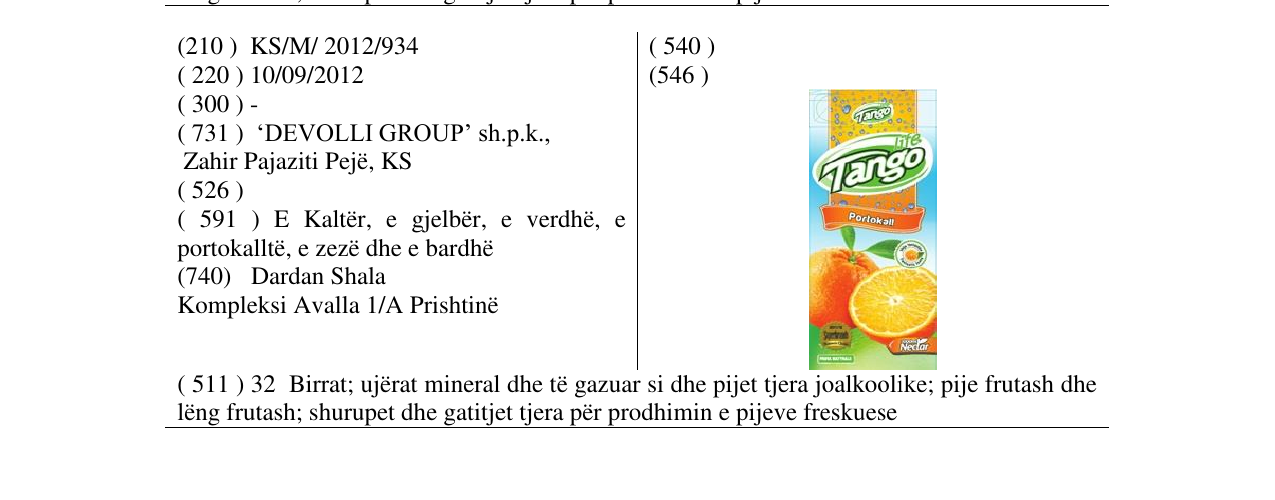 Zëri i markës Tango Portokall në buletin