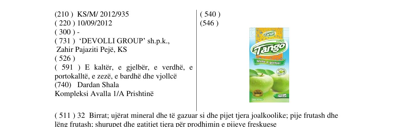 Zëri i markës Tango Mollë e gjelbër në buletin