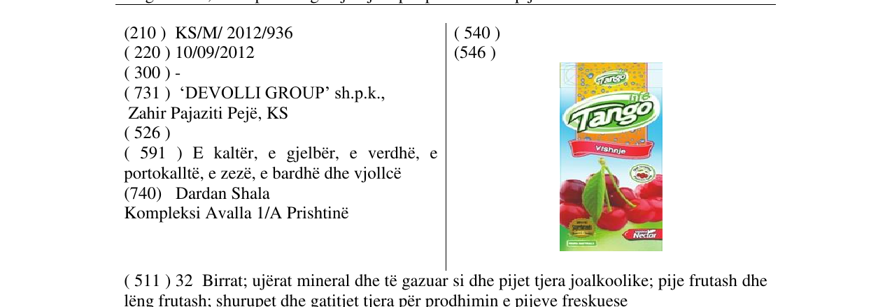 Zëri i markës Tango Vishnje në buletin