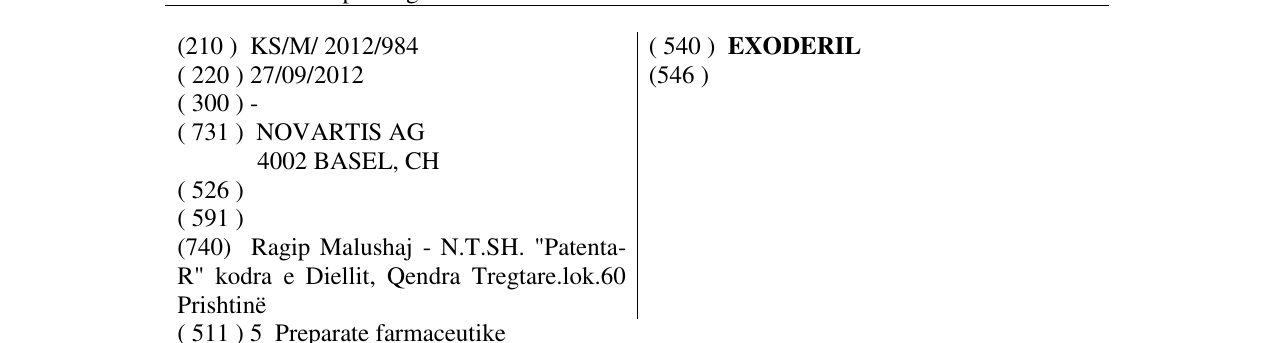 Zëri i markës EXODERIL në buletin