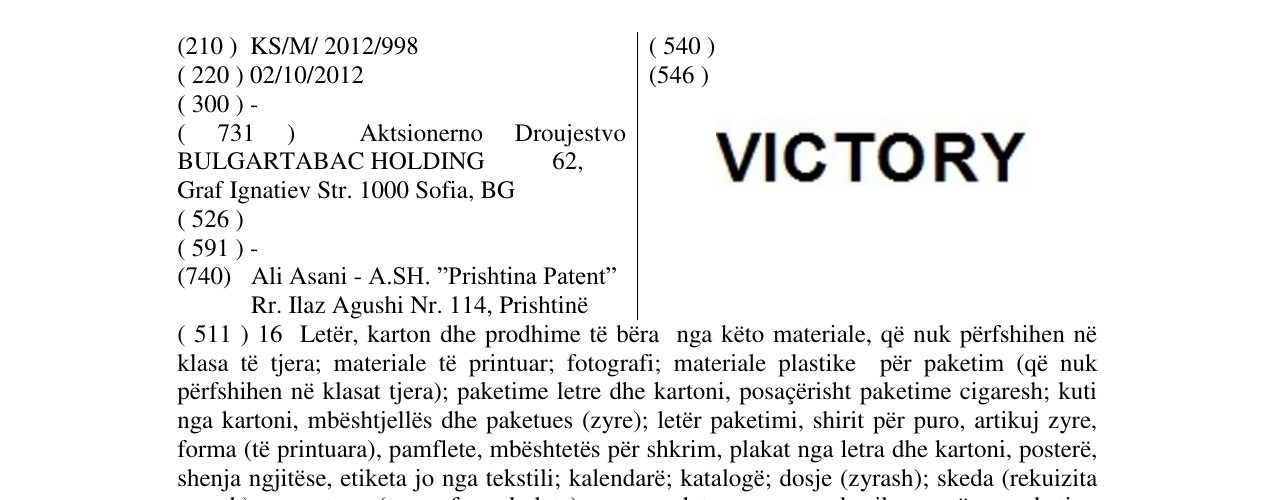 Zëri i markës VICTORY në buletin