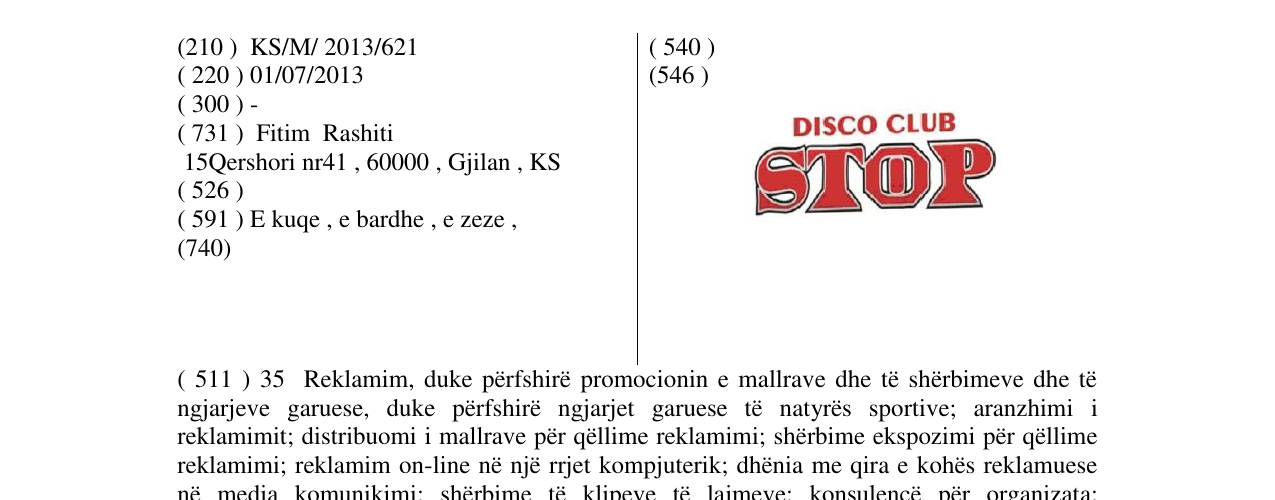 Zëri i markës DISCO CLUB STOP në buletin
