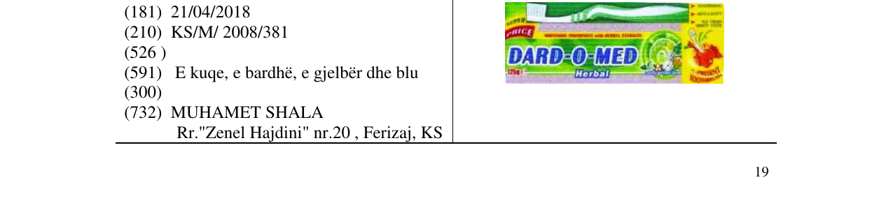 Zëri i markës DARD-O-MED në buletin