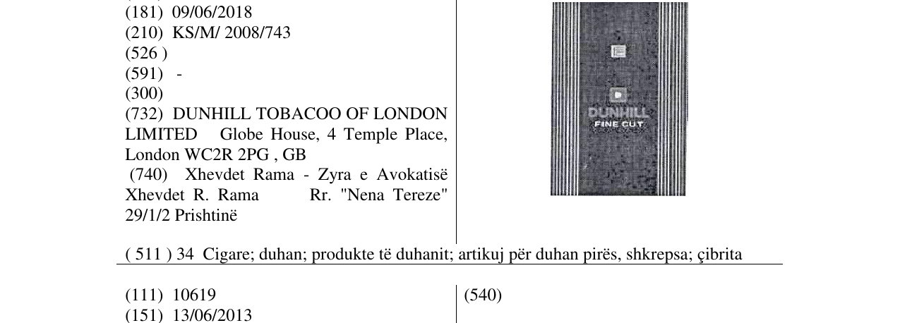 Zëri i markës DUNHILL FINE CUT në buletin