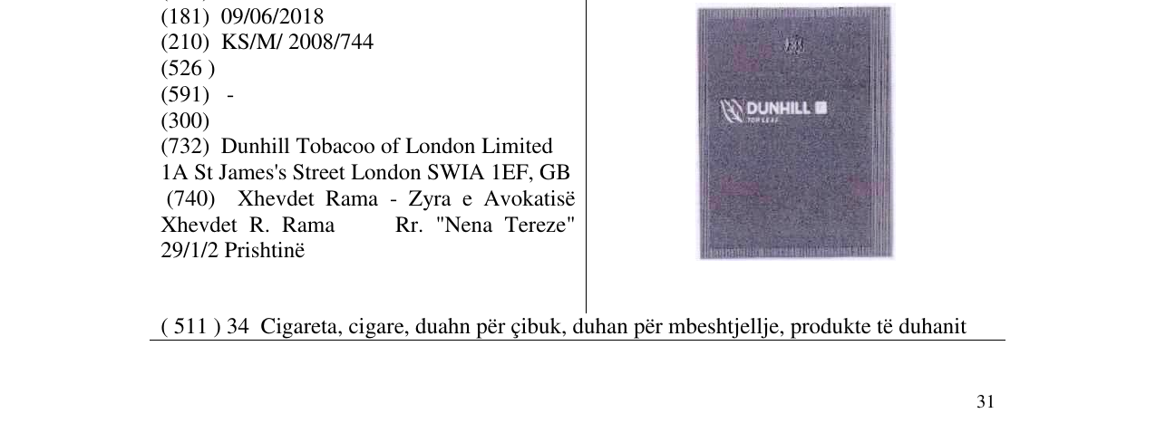 Zëri i markës DUNHILL në buletin