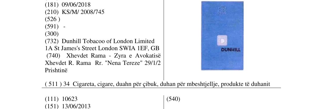Zëri i markës DUNHILL në buletin