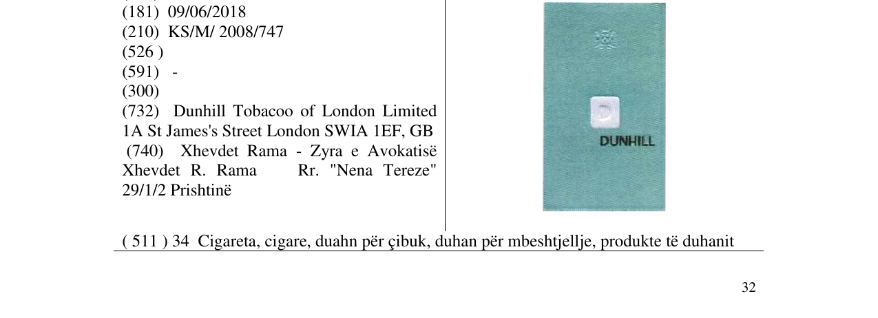 Zëri i markës DUNHILL në buletin