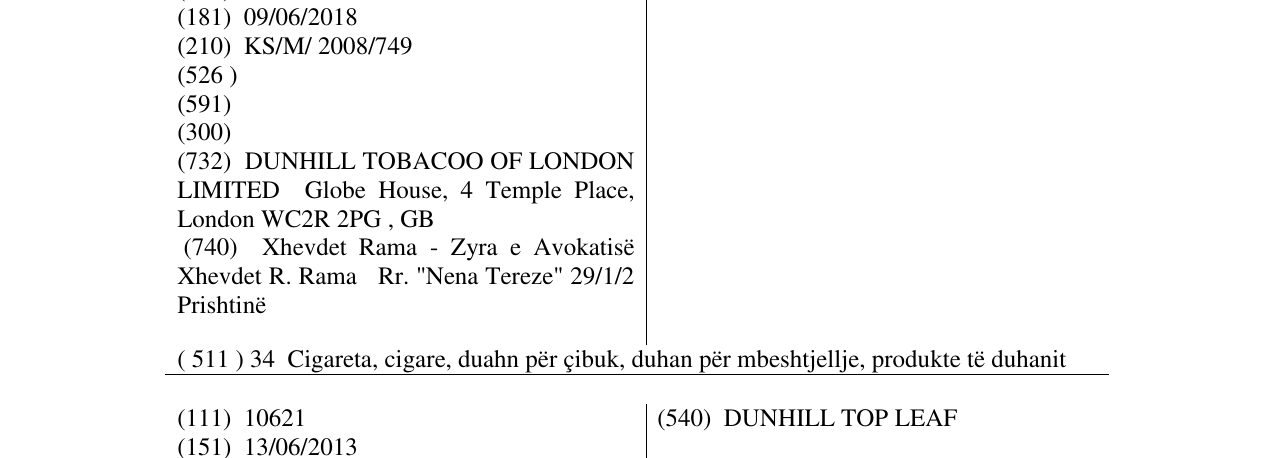 Zëri i markës DUNHILL, PERFECTIONISTS IN TOBACCO në buletin