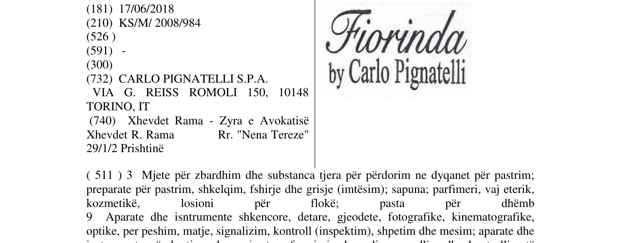 Zëri i markës Fiorinda by Carlo Pignatelli në buletin