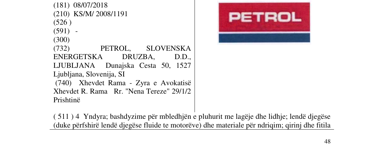 Zëri i markës PERTOL -FIG. në buletin