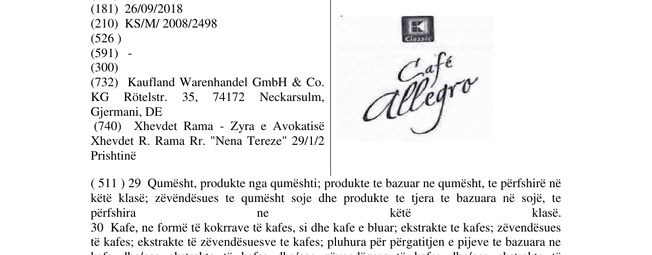 Zëri i markës Classic Cafe allegro në buletin