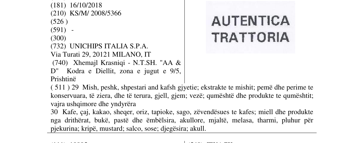 Zëri i markës AUTENTICA TRATTORIA në buletin