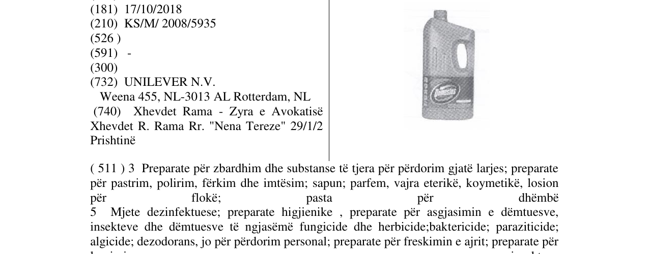 Zëri i markës DOMESTOS BOTTLE & LABEL në buletin