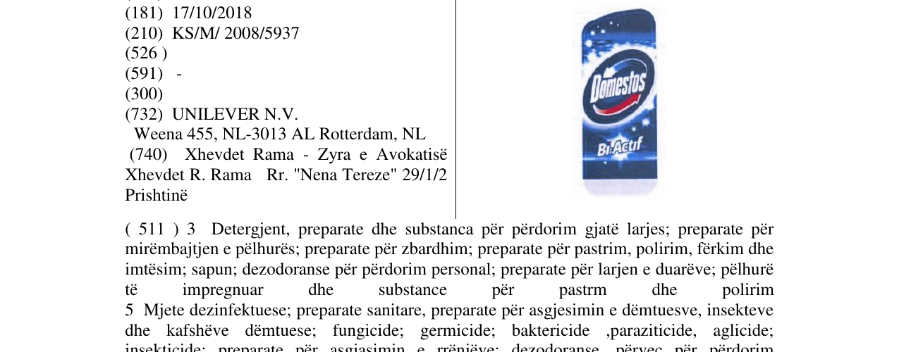 Zëri i markës DOMESTOS LABEL në buletin