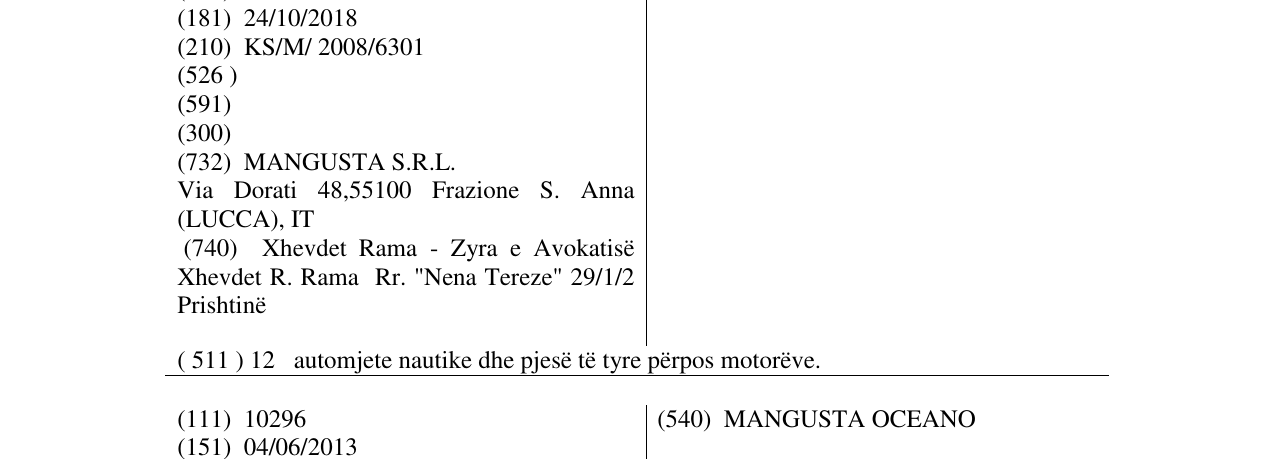 Zëri i markës MANGUSTA në buletin