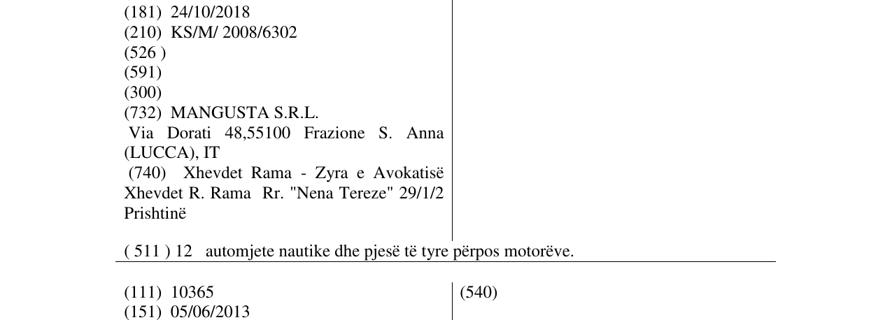 Zëri i markës MANGUSTA OCEANO në buletin