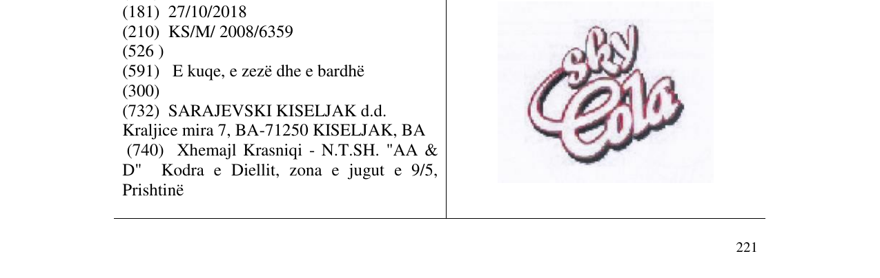 Zëri i markës SKY COLA në buletin
