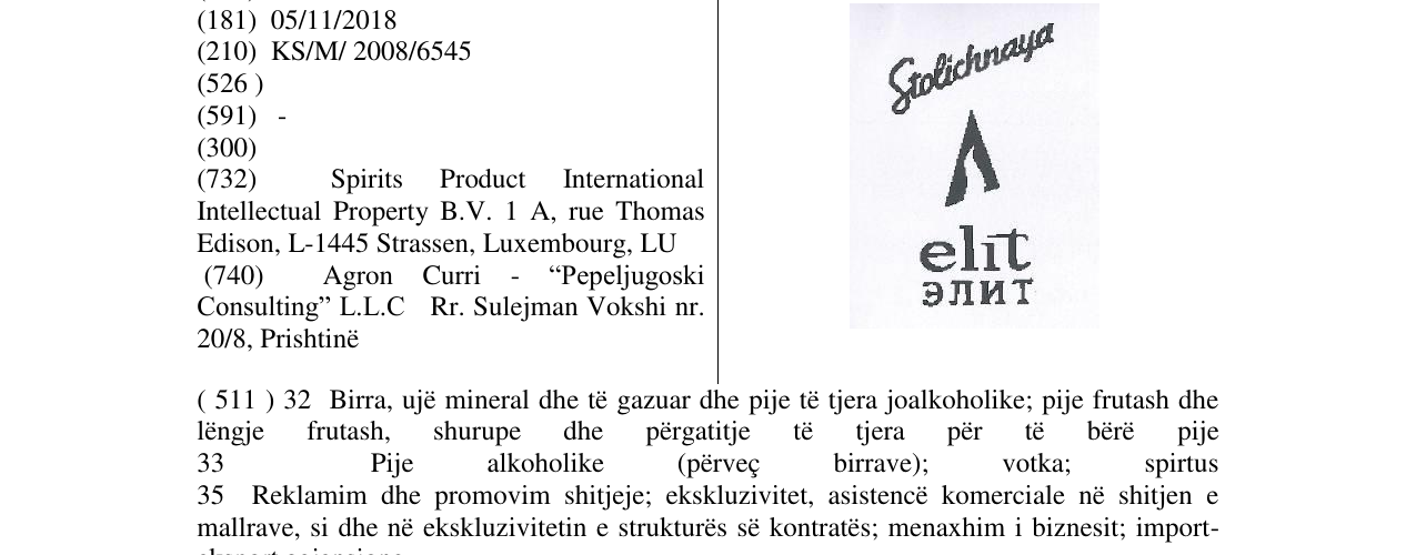 Zëri i markës STOLICHNAYA elit në buletin