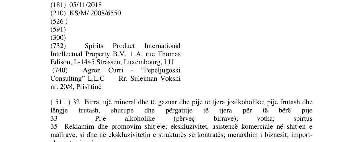 Zëri i markës STOLICHNAYA ELIT në buletin