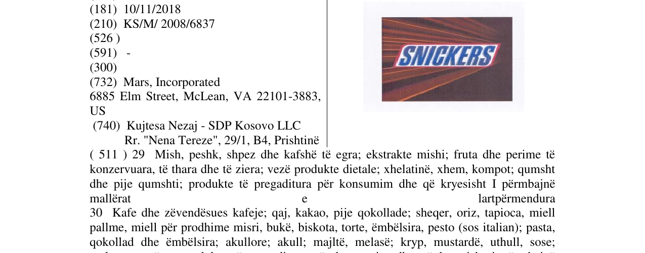 Zëri i markës SNICKERS në buletin