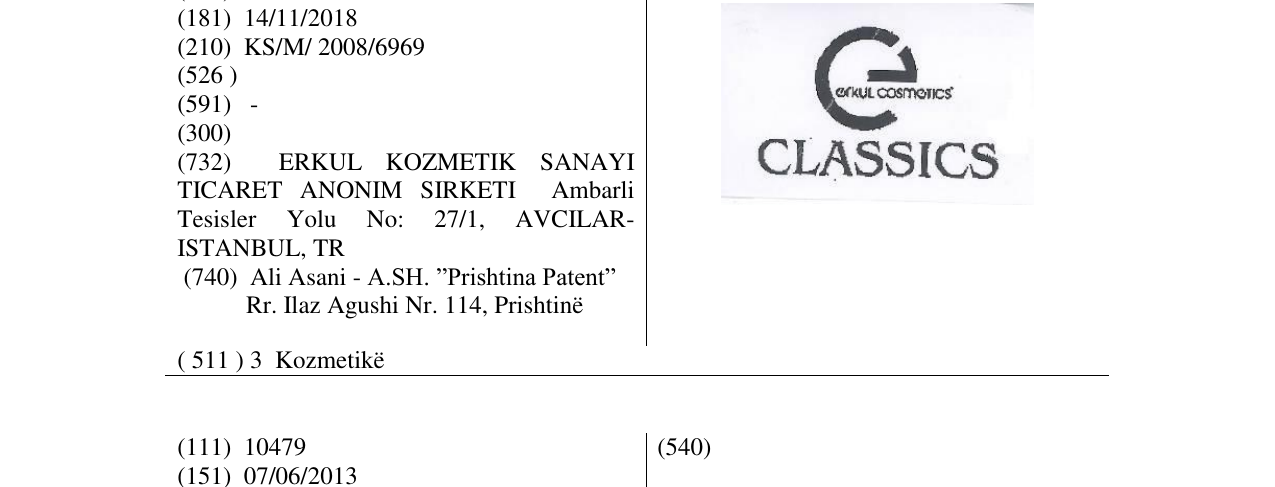 Zëri i markës ERKUL COSMETICS CLASSICS në buletin