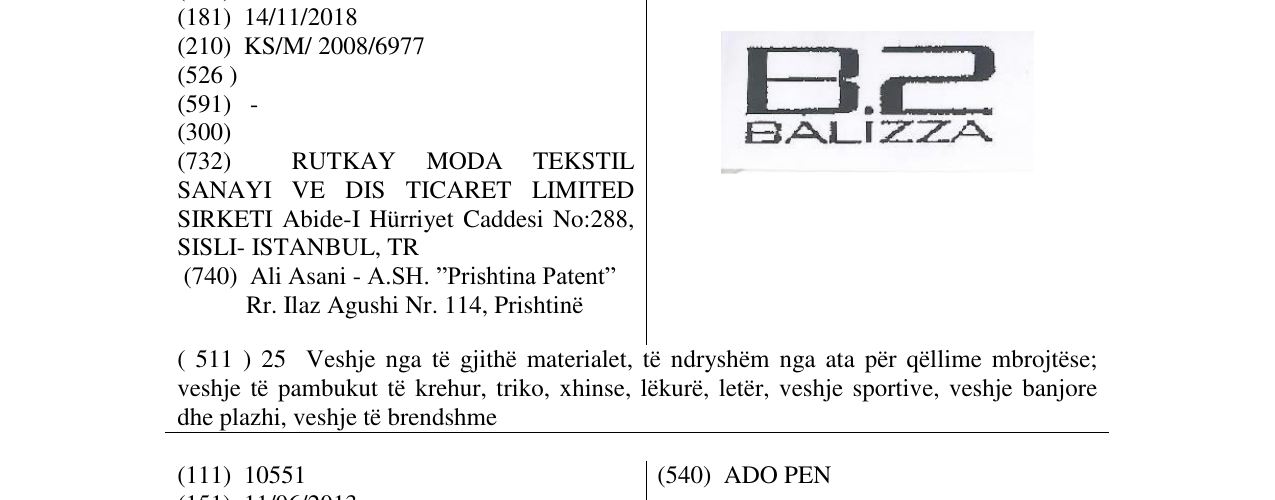 Zëri i markës B2 BALIZZA në buletin