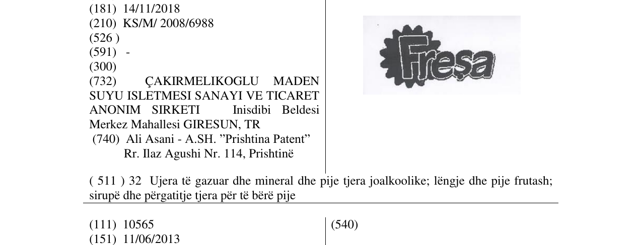The entry of the trademark FRESA in the bulletin