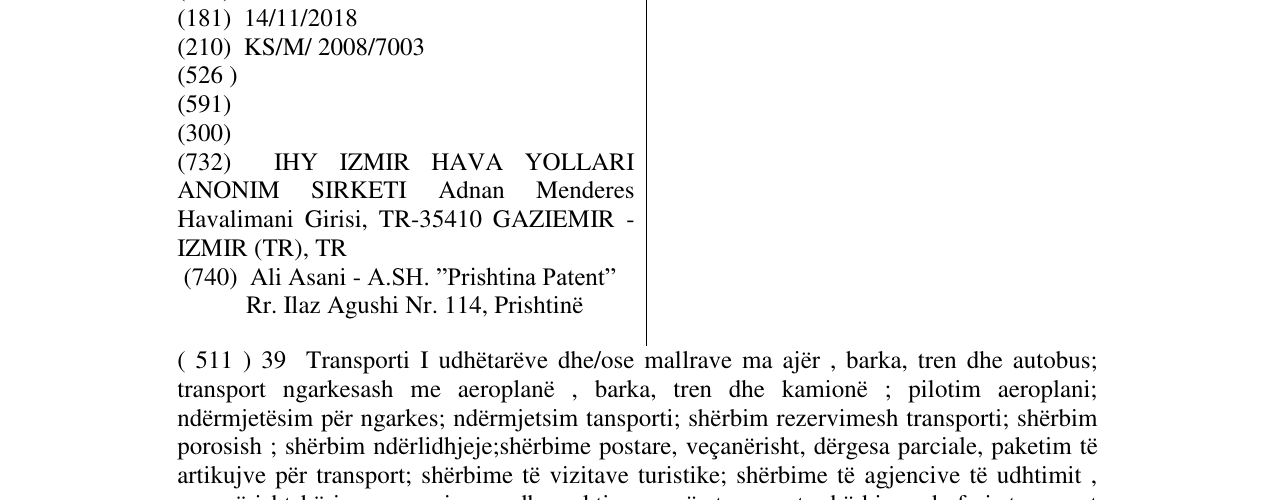 Zëri i markës IZMIR HAVA YOLLARI në buletin