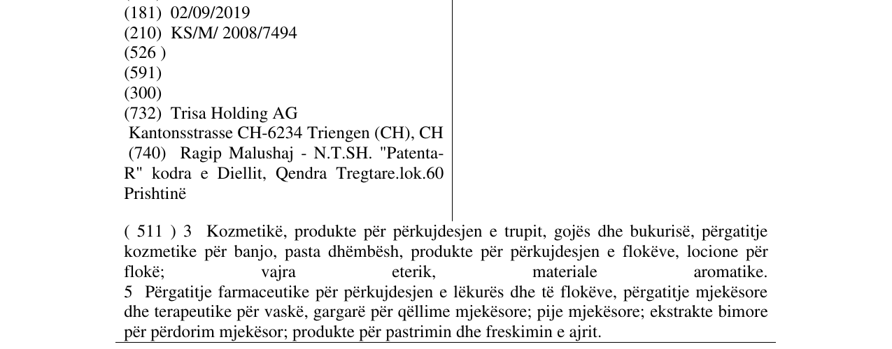 Zëri i markës TRISA në buletin