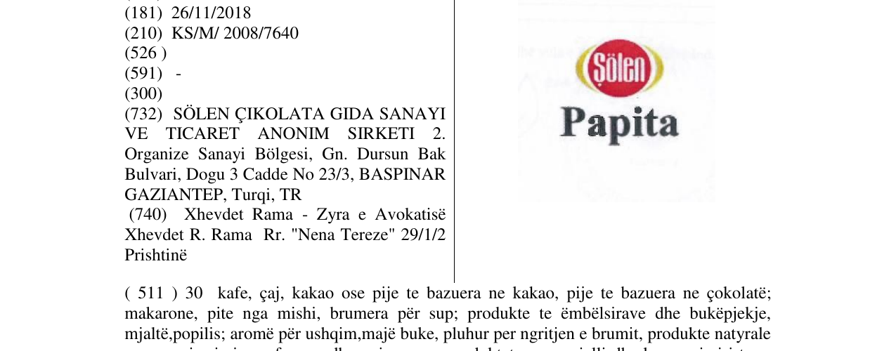 The entry of the trademark PAPITA in the bulletin