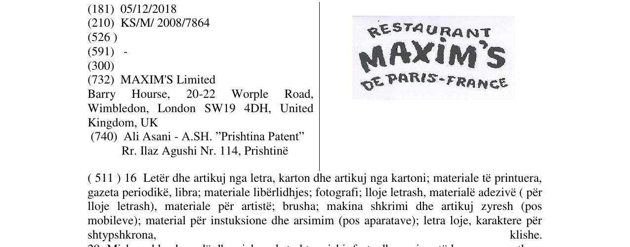 Zëri i markës RESTAURANT MAXIM'S DE PARIS - FRANCE në buletin