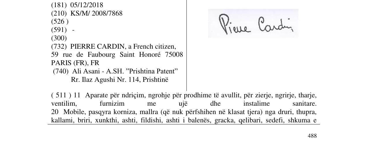 Der Eintrag der Marke Pierre Cardin im Bulletin