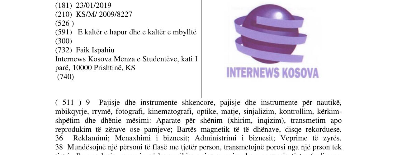 The entry of the trademark INTERNEWS KOSOVA in the bulletin