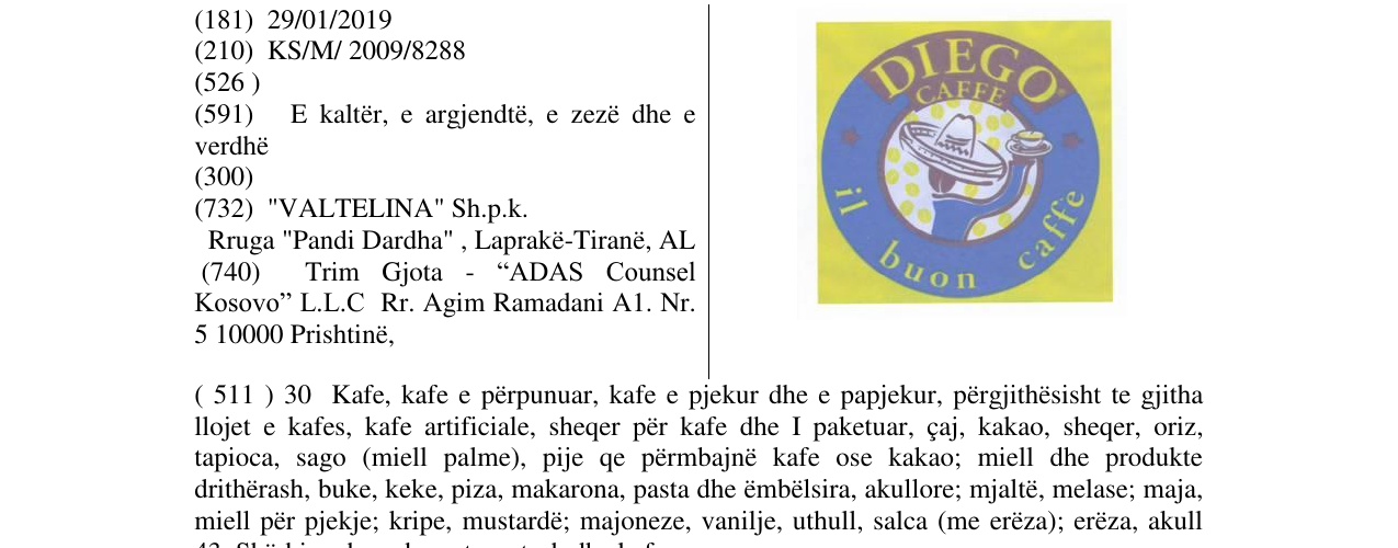Zëri i markës DIEGO CAFFE il buon caffe në buletin