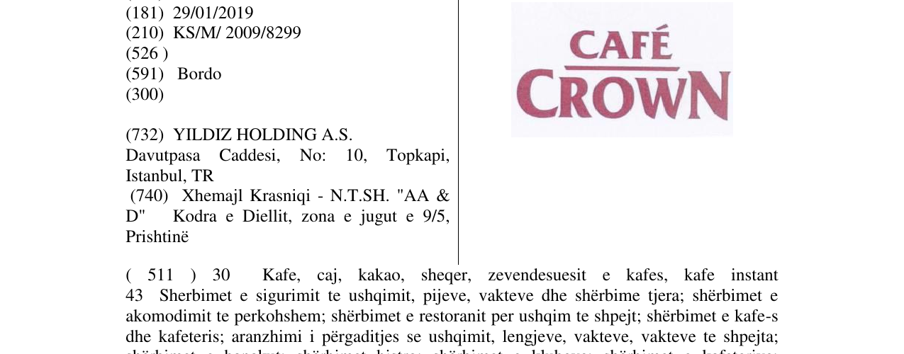 Zëri i markës CAFÉ CROWN në buletin