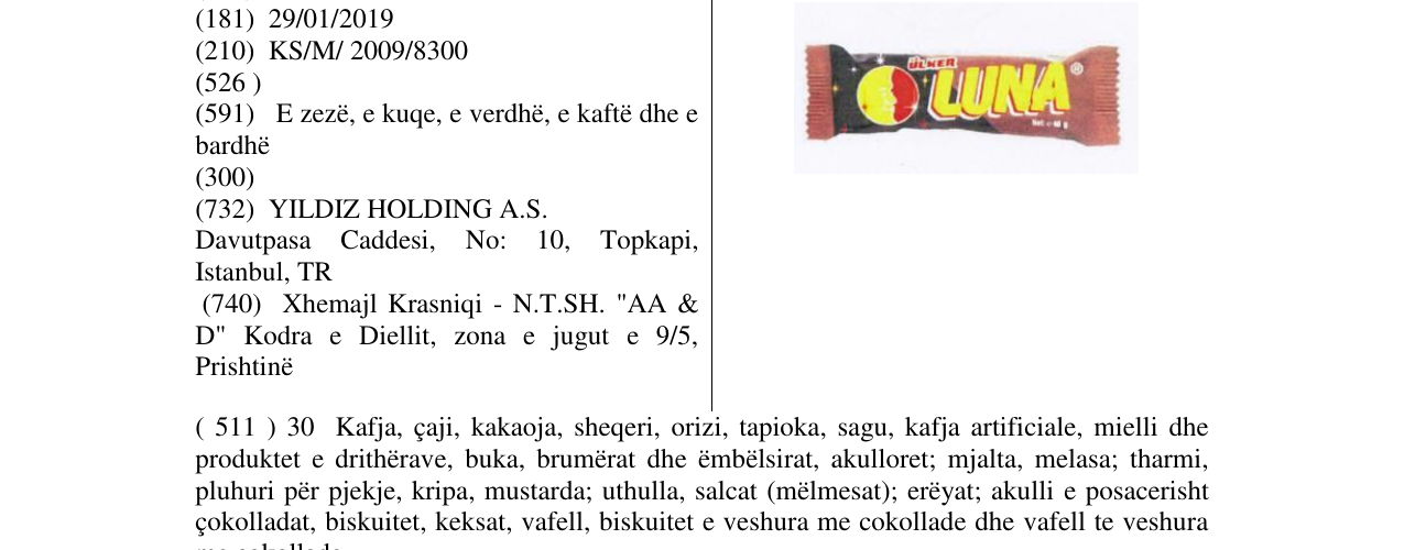 Zëri i markës ÜLKER LUNA në buletin