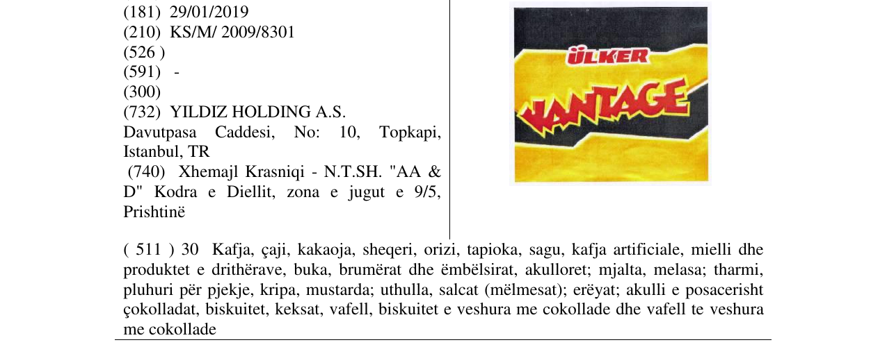Zëri i markës ÜLKER VANTAGE në buletin