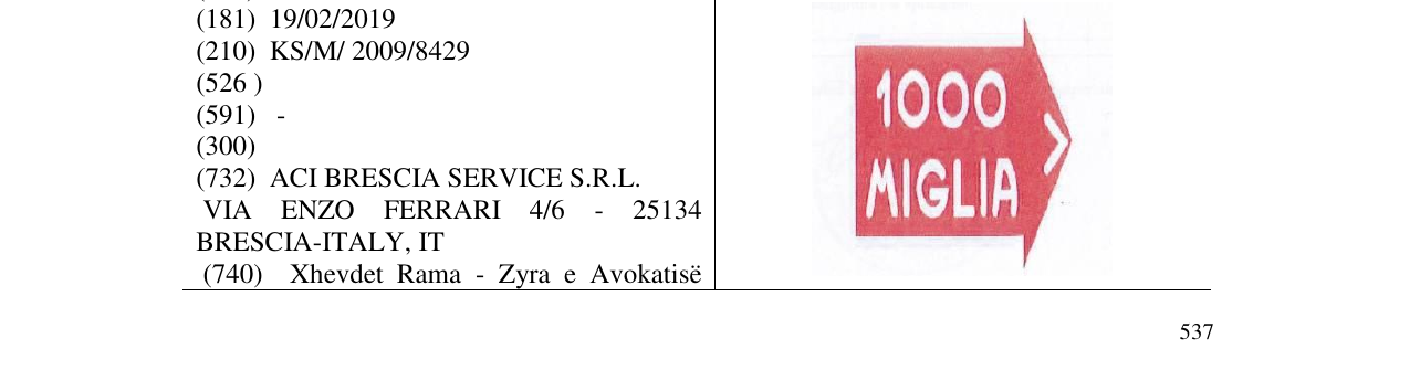 Zëri i markës 1000 MIGLIA në buletin
