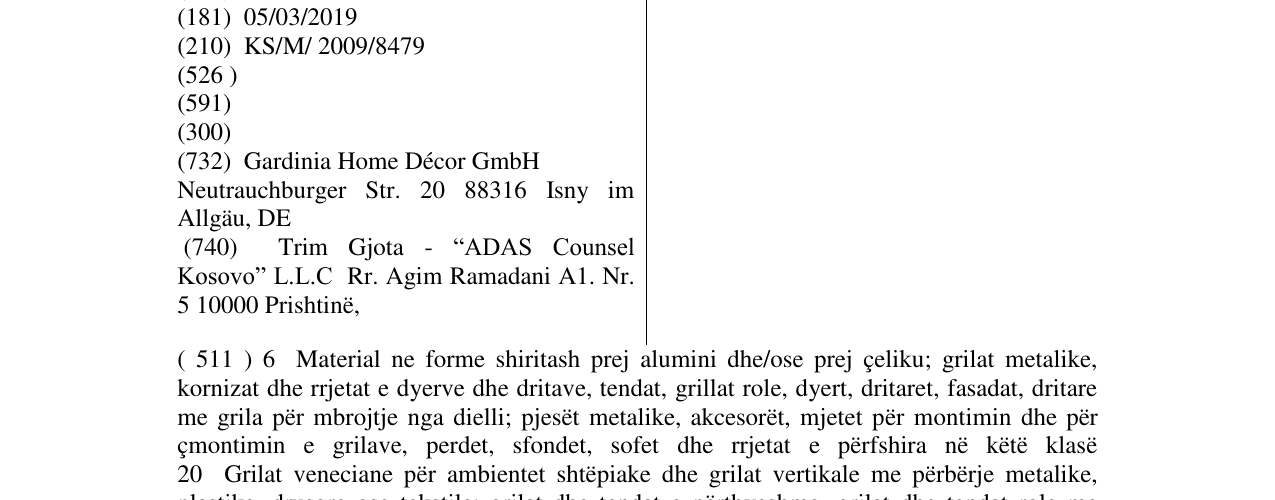 Zëri i markës GARDINIA në buletin