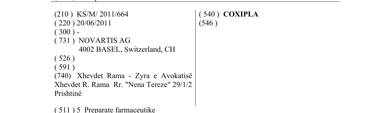 Zëri i markës COXIPLA në buletin