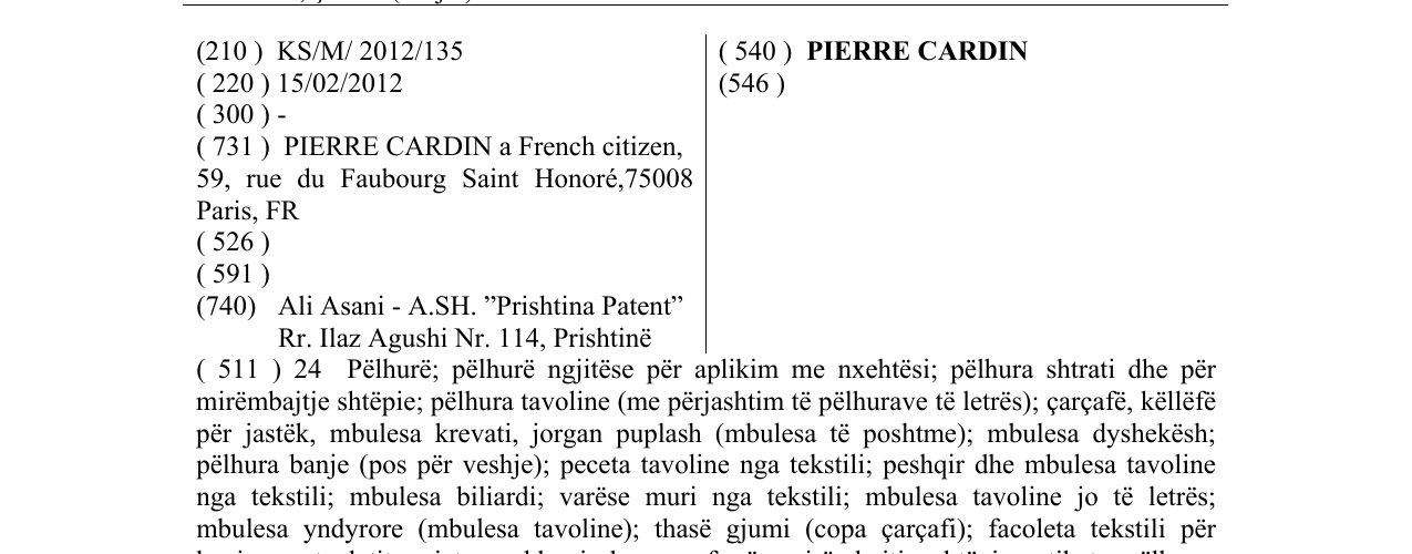 Zëri i markës PIERRE CARDIN në buletin