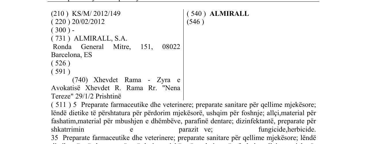 Zëri i markës ALMIRALL në buletin