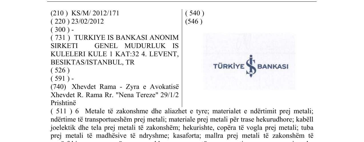 Zëri i markës TURKIYE IS BANKASI në buletin