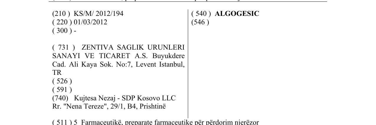 Zëri i markës ALGOGESIC në buletin